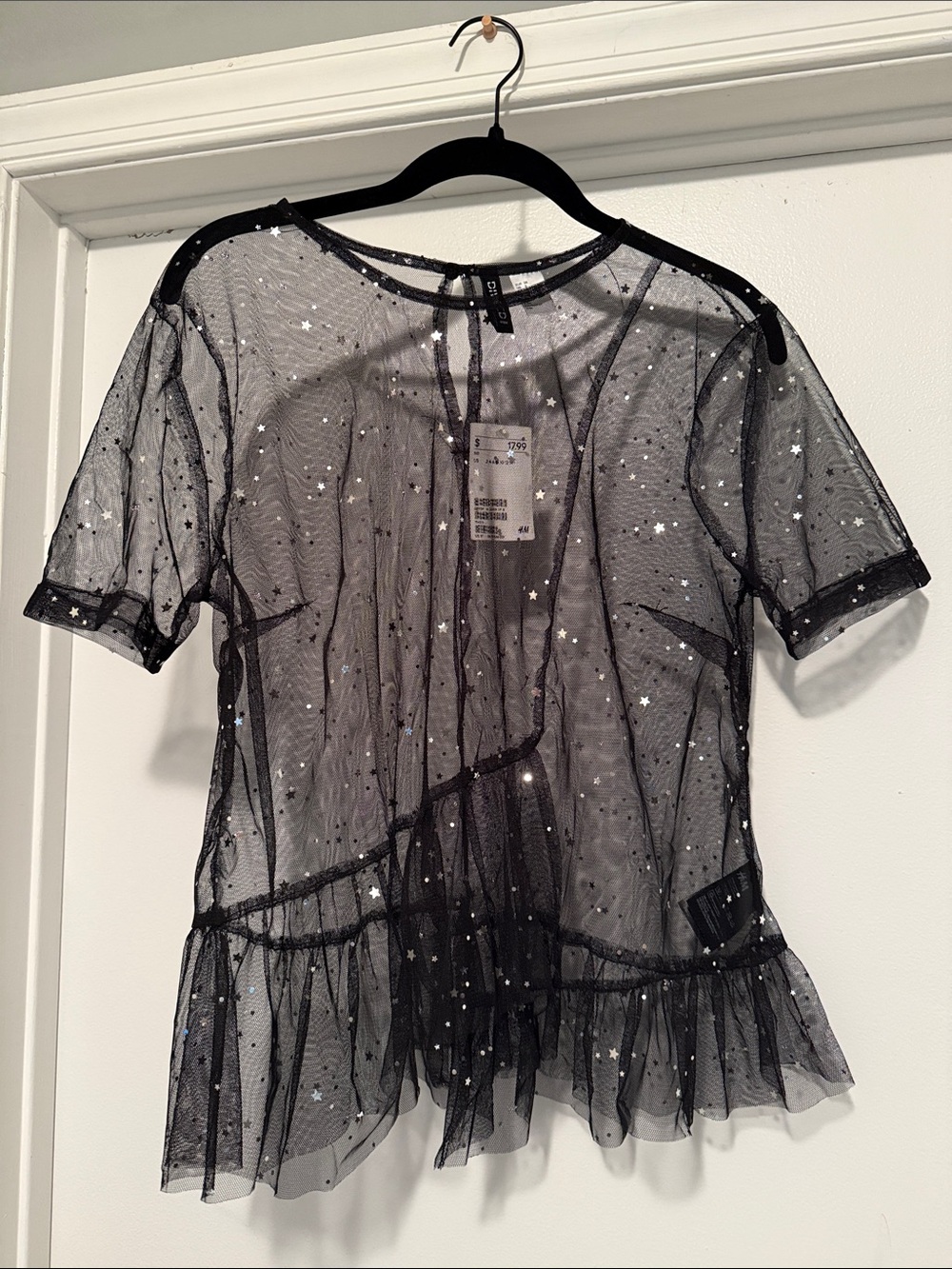 Divided Black Sheer Star-Embellished Mesh Top